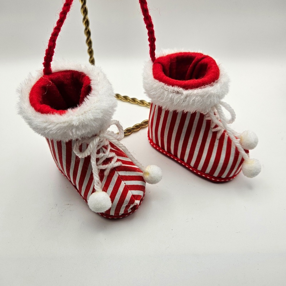 Red & White Striped Fabric Boots Hanging Ornaments, Christmas Holiday Faux fur